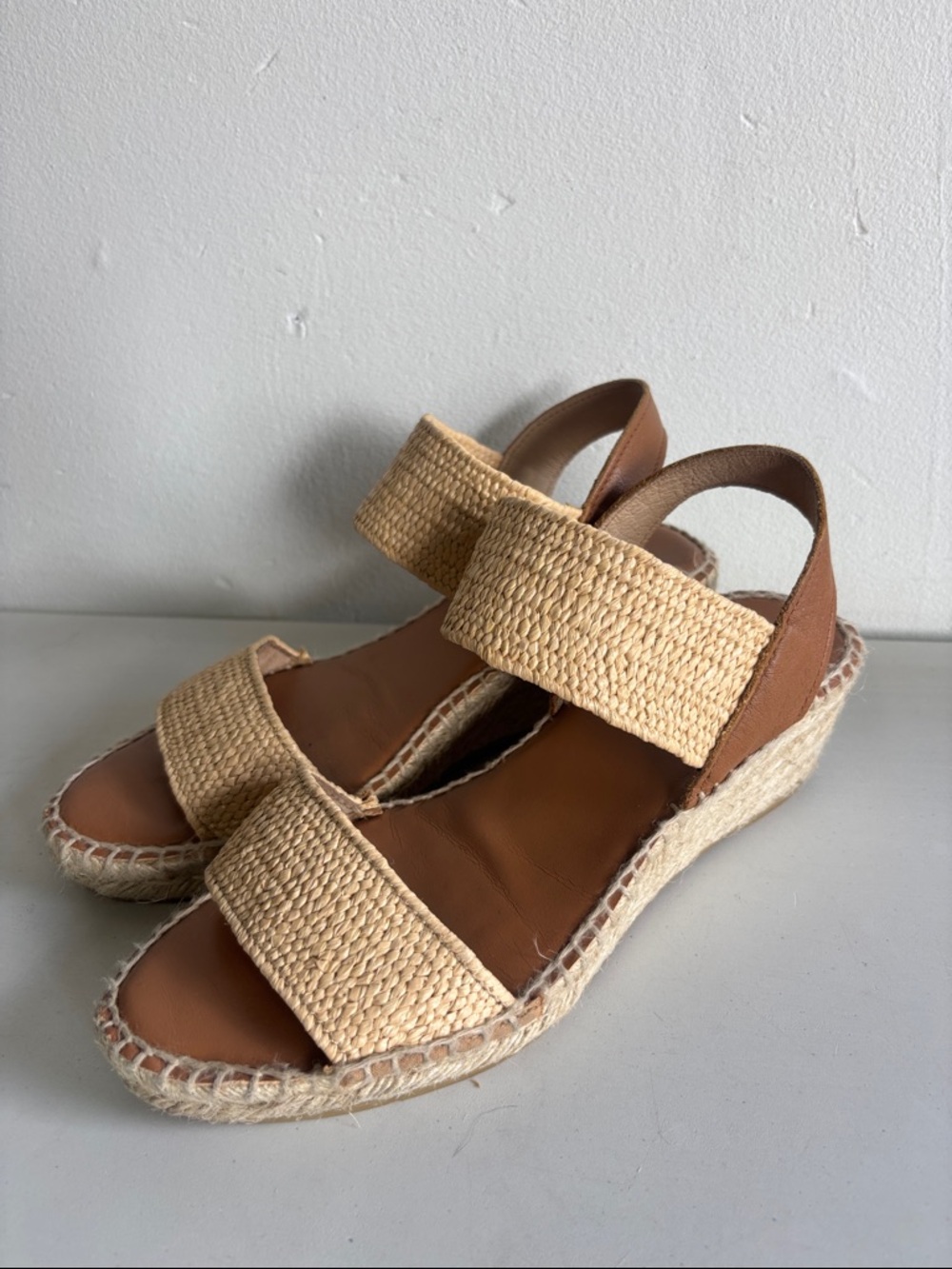 Andre Assous Tan Raffia Slingback Wedge Sandals